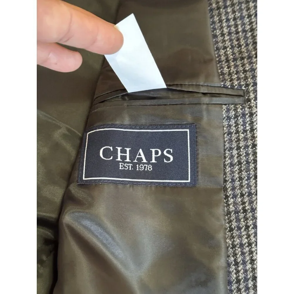 CHAPS 100% Wool Houndstooth Sport Coat Blazer Elbow Patches Academia Prof 48L